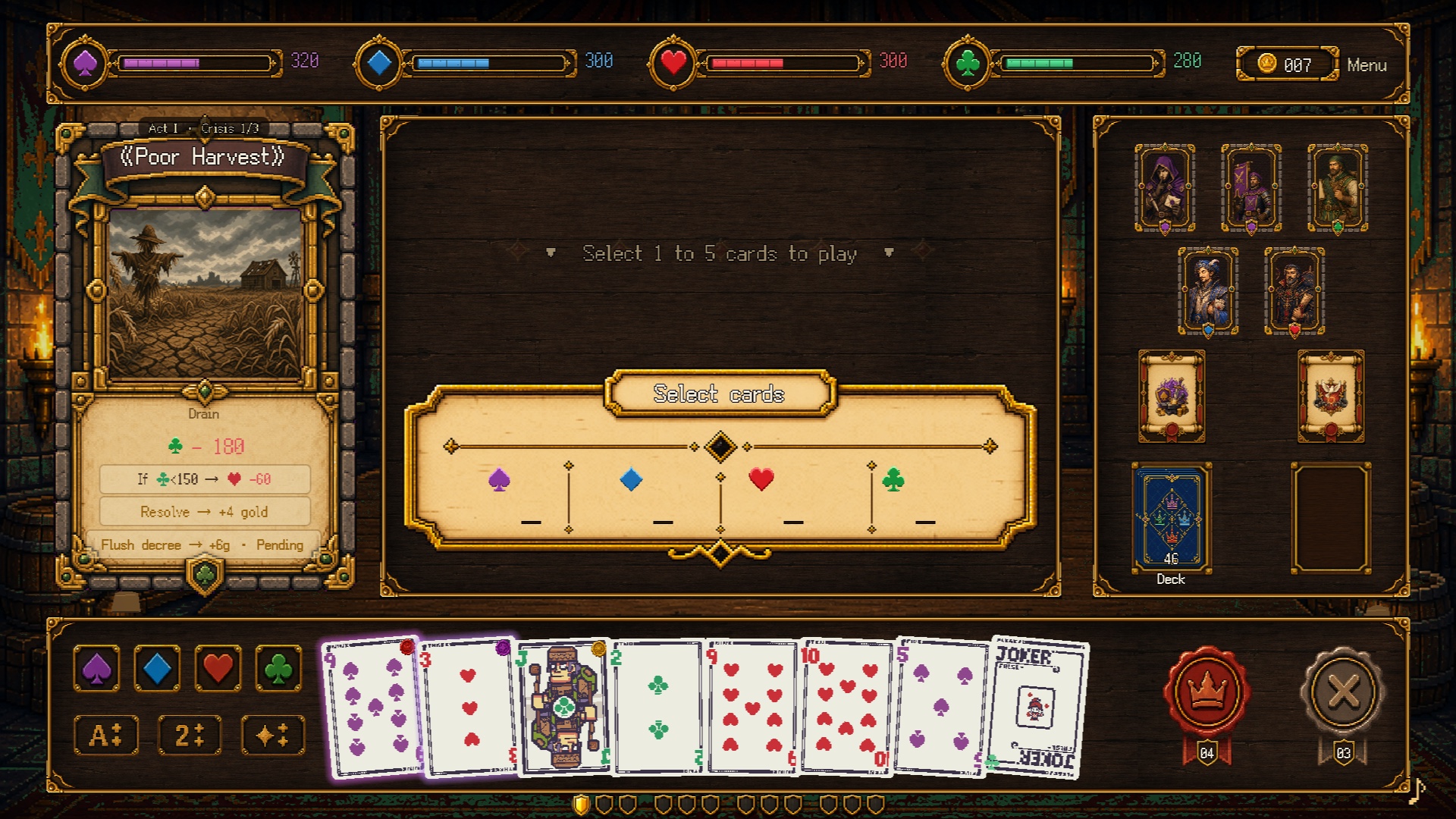A Four Crowns battle with four kingdom pillars, a crisis, advisors, and a poker hand